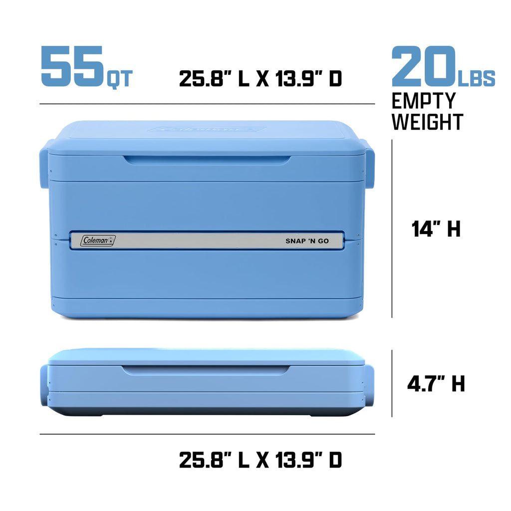 Coleman Snap 'N Go 45-Quart Collapsible Hard Cooler, Portable Hard-Sided Cooler with Waterproof Removable Liner, Spacing-Saving & Quick Set Up, 55 Hours Cold, Sapphire Blue