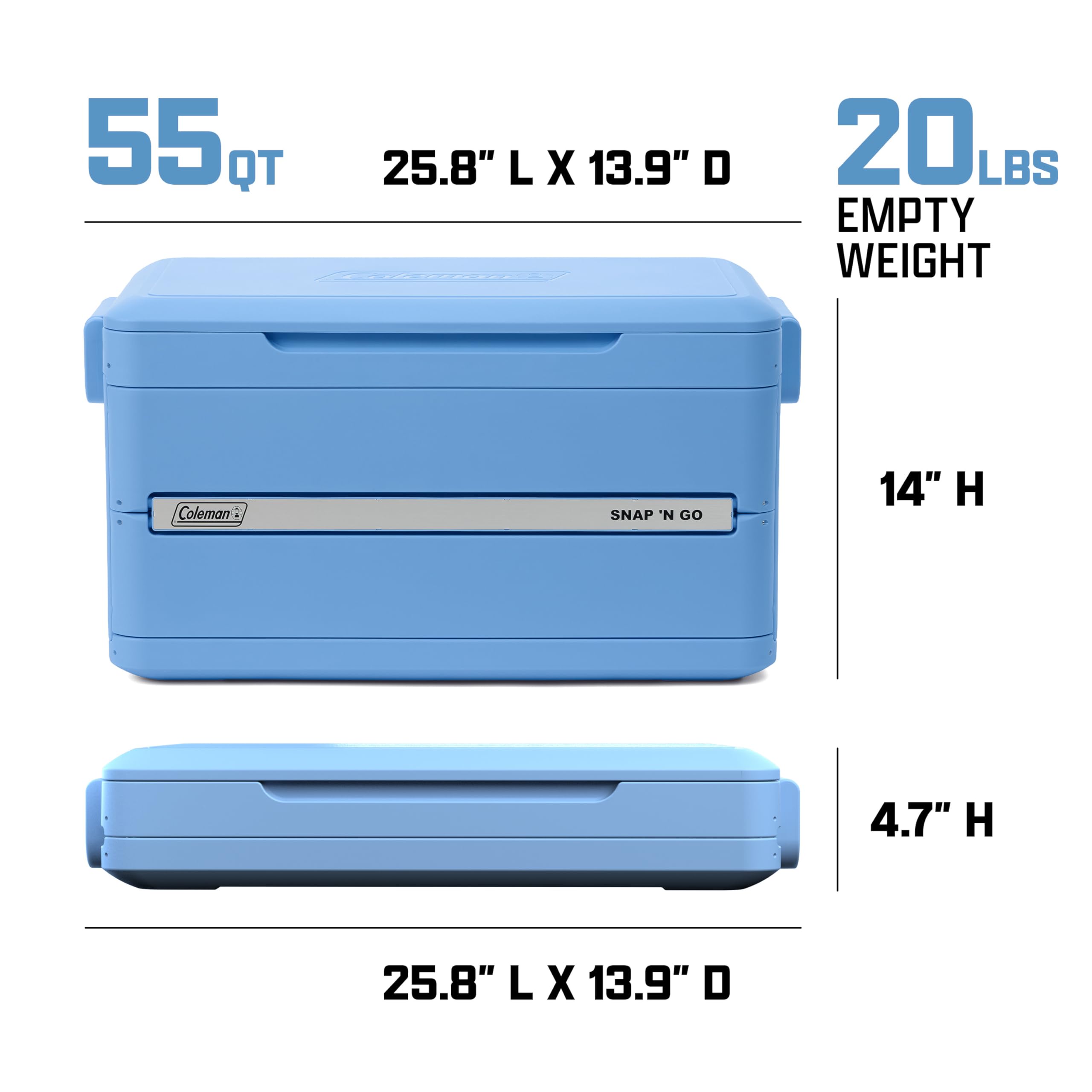 Coleman Snap 'N Go 45-Quart Collapsible Hard Cooler, Portable Hard-Sided Cooler with Waterproof Removable Liner, Spacing-Saving & Quick Set Up, 55 Hours Cold, Sapphire Blue