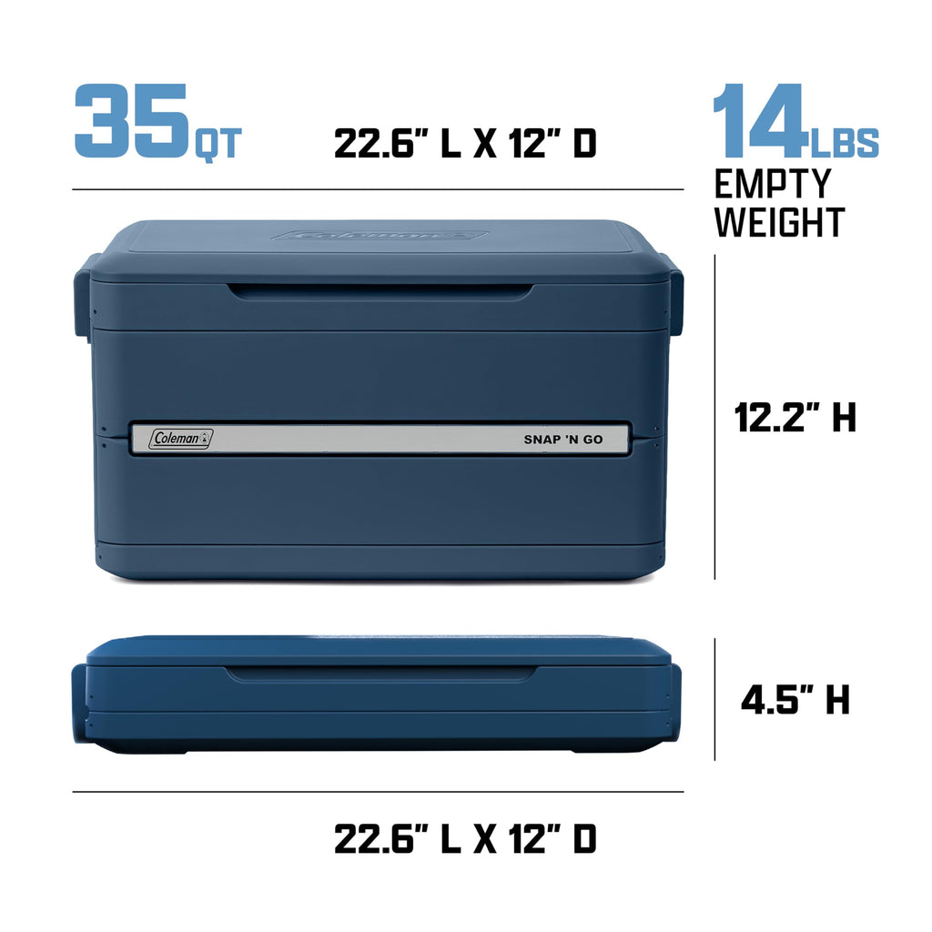 Coleman Snap 'N Go 45-Quart Collapsible Hard Cooler, Portable Hard-Sided Cooler with Waterproof Removable Liner, Spacing-Saving & Quick Set Up, 55 Hours Cold, Sapphire Blue