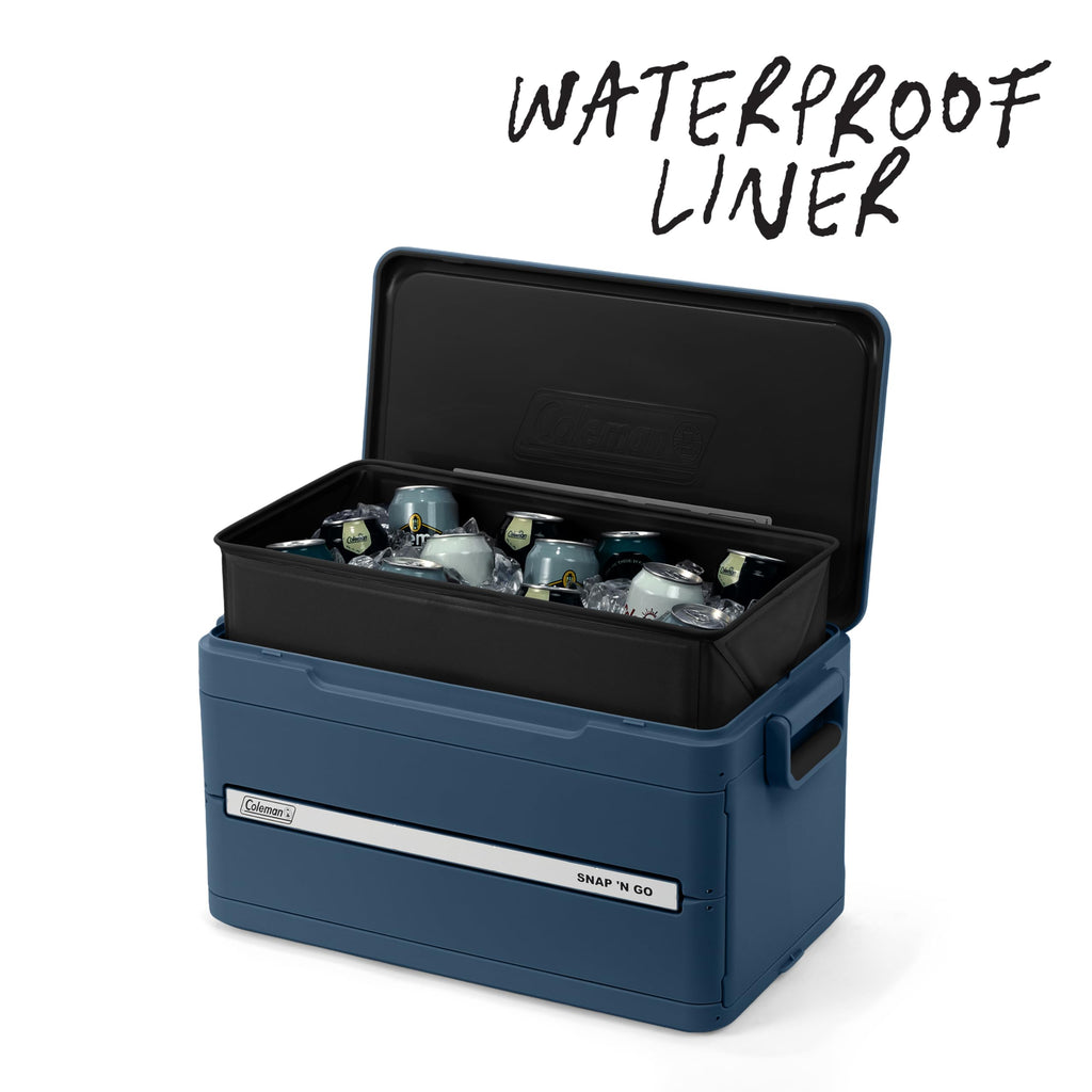 Coleman Snap 'N Go 45-Quart Collapsible Hard Cooler, Portable Hard-Sided Cooler with Waterproof Removable Liner, Spacing-Saving & Quick Set Up, 55 Hours Cold, Sapphire Blue