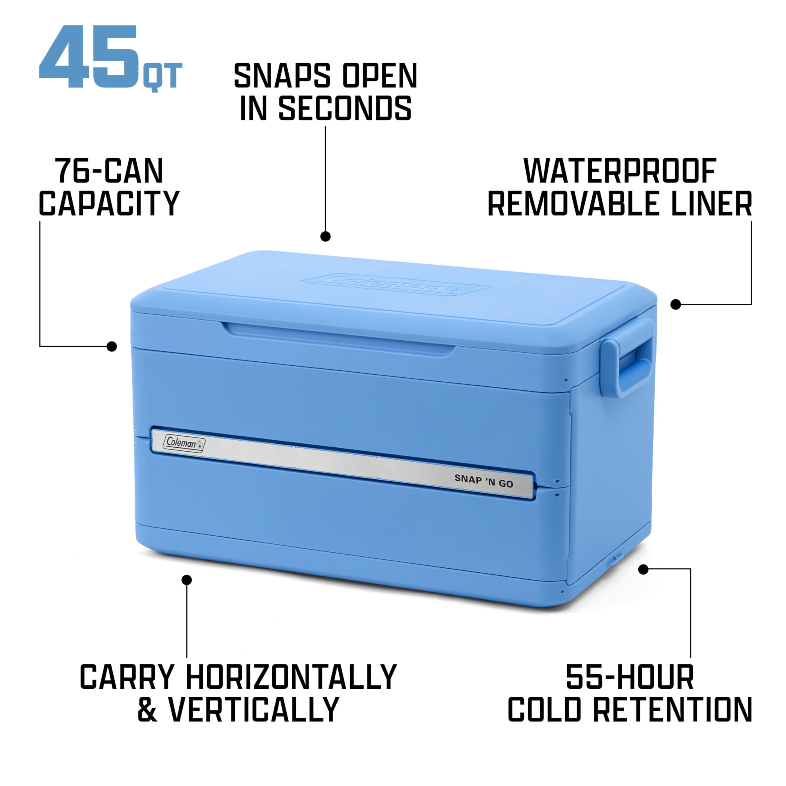 Coleman Snap 'N Go 45-Quart Collapsible Hard Cooler, Portable Hard-Sided Cooler with Waterproof Removable Liner, Spacing-Saving & Quick Set Up, 55 Hours Cold, Sapphire Blue