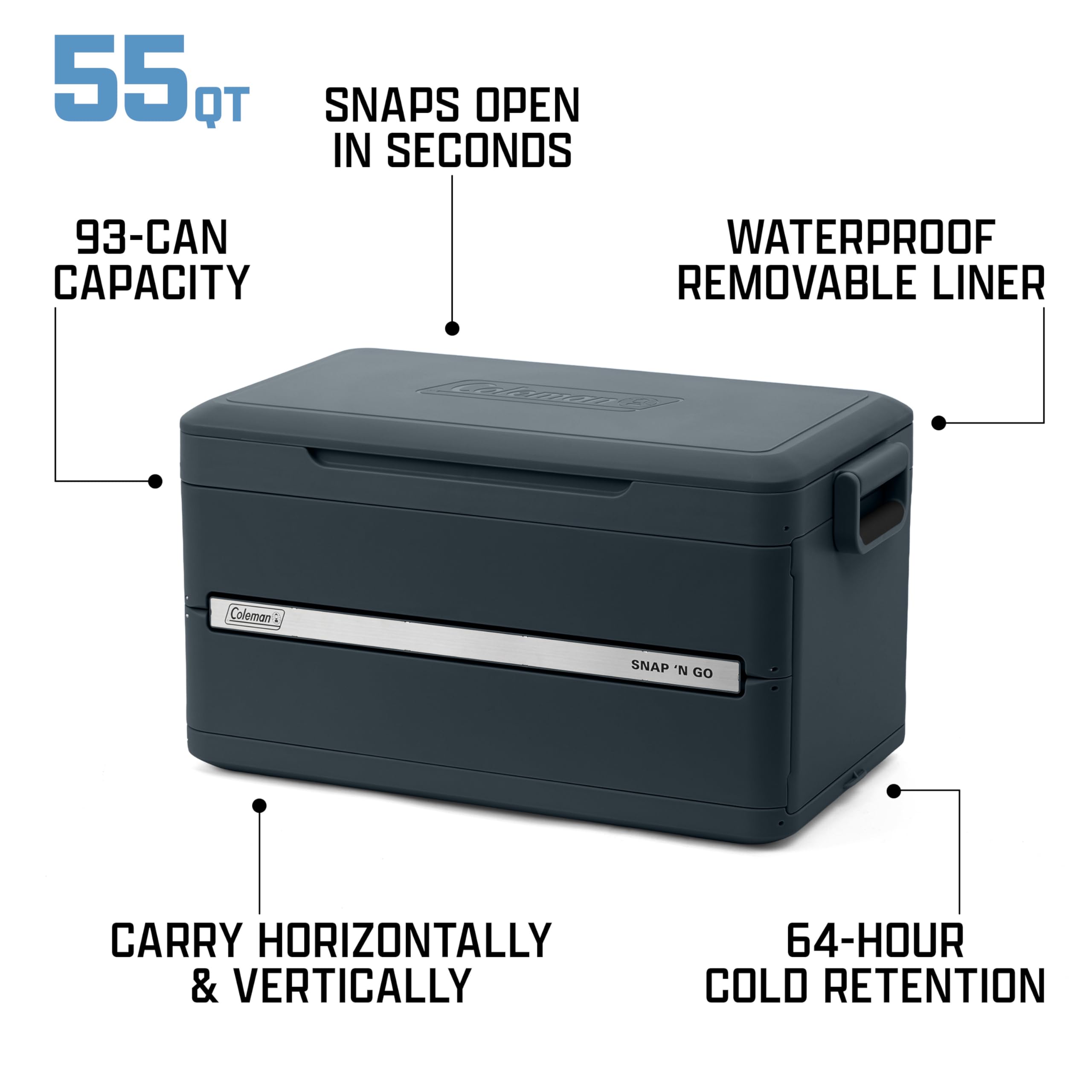 Coleman Snap 'N Go 45-Quart Collapsible Hard Cooler, Portable Hard-Sided Cooler with Waterproof Removable Liner, Spacing-Saving & Quick Set Up, 55 Hours Cold, Sapphire Blue