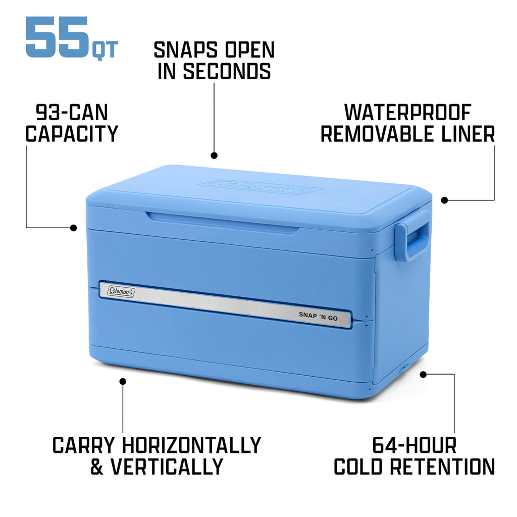 Coleman Snap 'N Go 45-Quart Collapsible Hard Cooler, Portable Hard-Sided Cooler with Waterproof Removable Liner, Spacing-Saving & Quick Set Up, 55 Hours Cold, Sapphire Blue