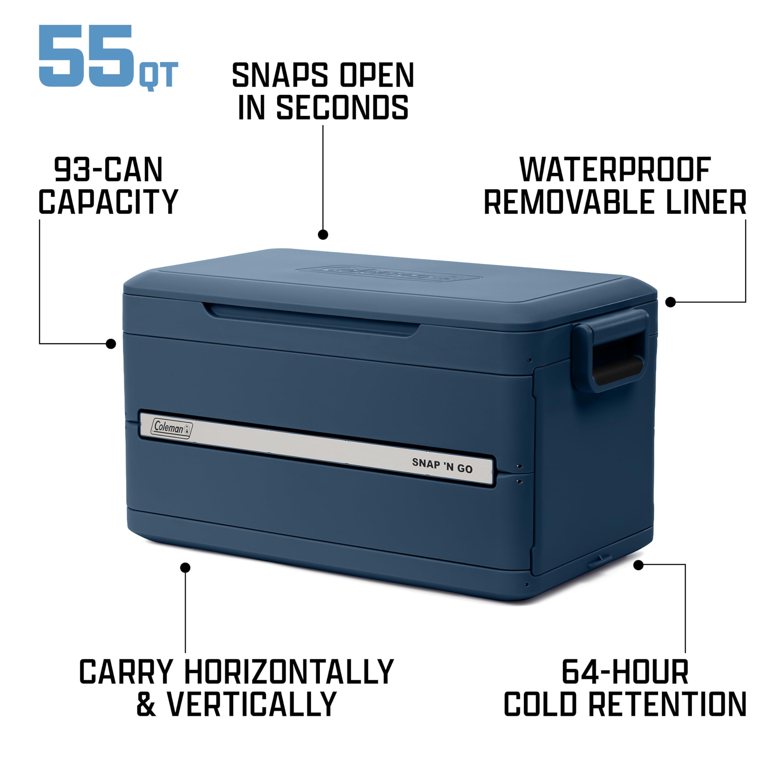 Coleman Snap 'N Go 45-Quart Collapsible Hard Cooler, Portable Hard-Sided Cooler with Waterproof Removable Liner, Spacing-Saving & Quick Set Up, 55 Hours Cold, Sapphire Blue