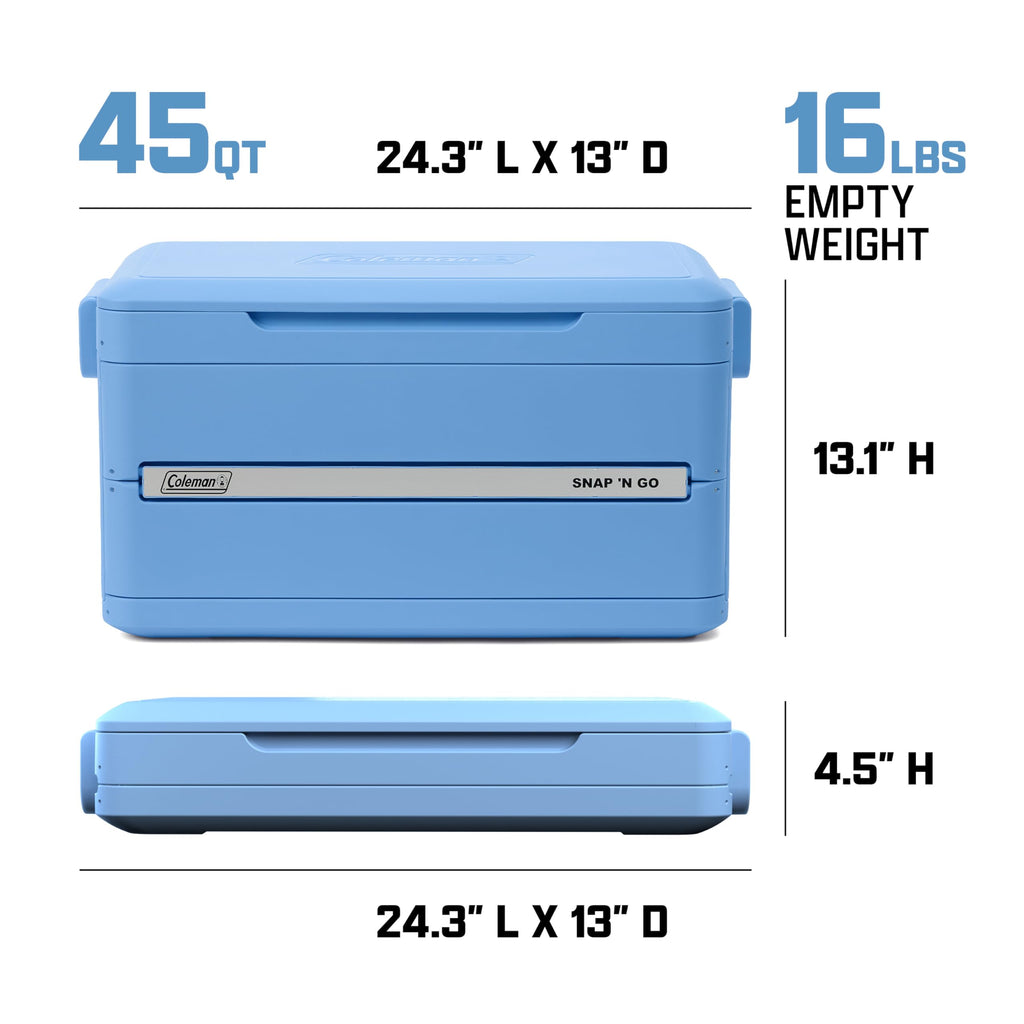 Coleman Snap 'N Go 45-Quart Collapsible Hard Cooler, Portable Hard-Sided Cooler with Waterproof Removable Liner, Spacing-Saving & Quick Set Up, 55 Hours Cold, Sapphire Blue